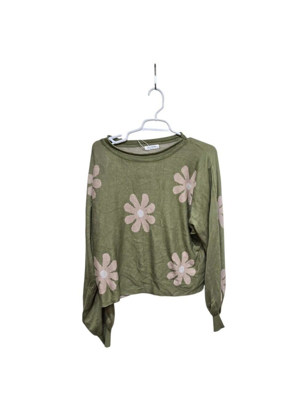 Ekouaer Daisy Knit Sweater Cropped Floral Green Medium